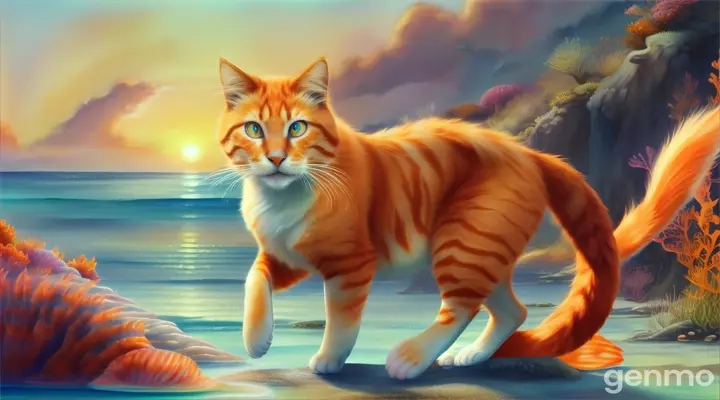 creation of an orange cat with mermaid tail 16:9