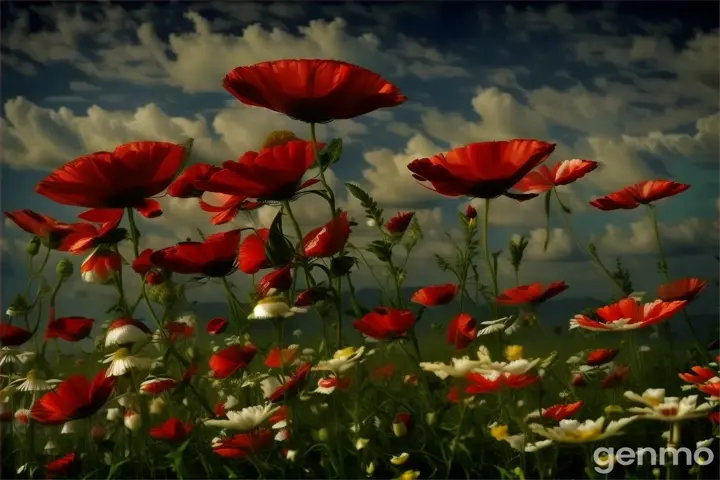 a field full of red and white flowers under a cloudy sky