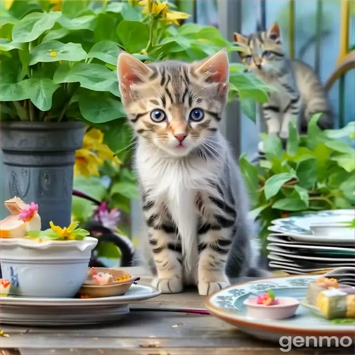 a kitten sitting on a table next to plates of food