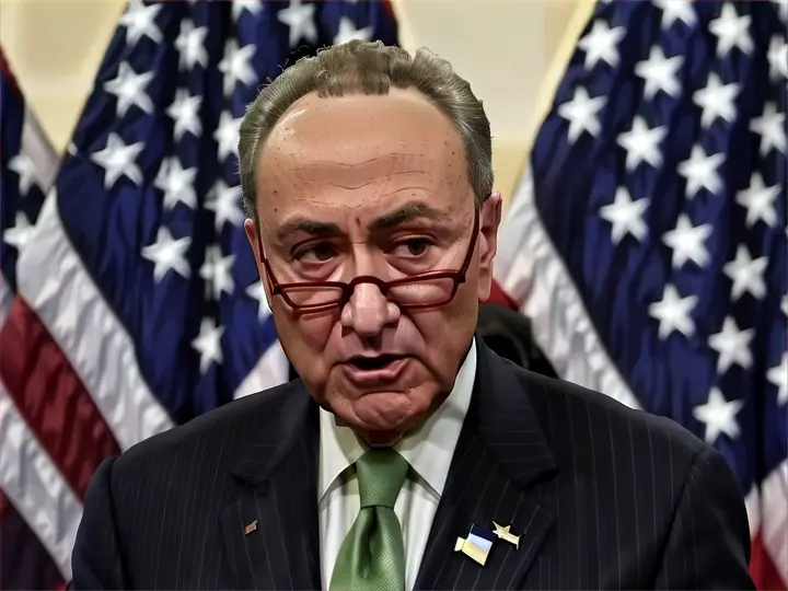 chuck schumer standing in front of american flags