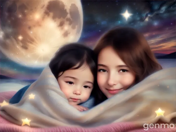 A mother and child lying on a cozy blanket, looking up at a sky full of stars and a bright moon