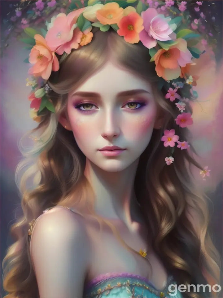 Portrait of a woman with flowers in her hair, soft pastel tones, digital art