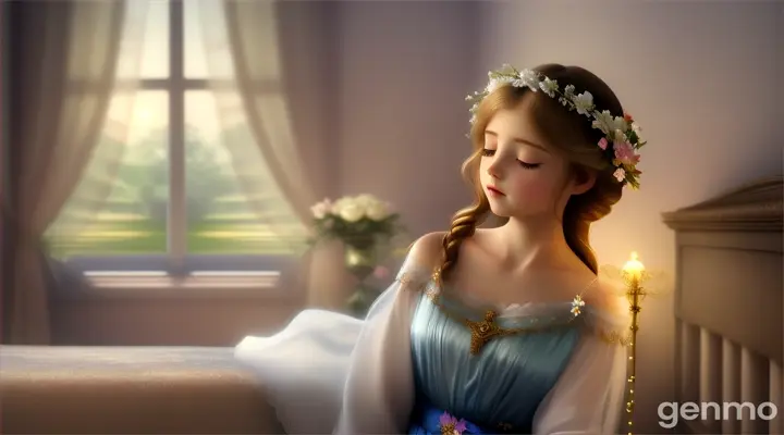 angel placed her magical flower garland by the princess's bed and sang her magical tune