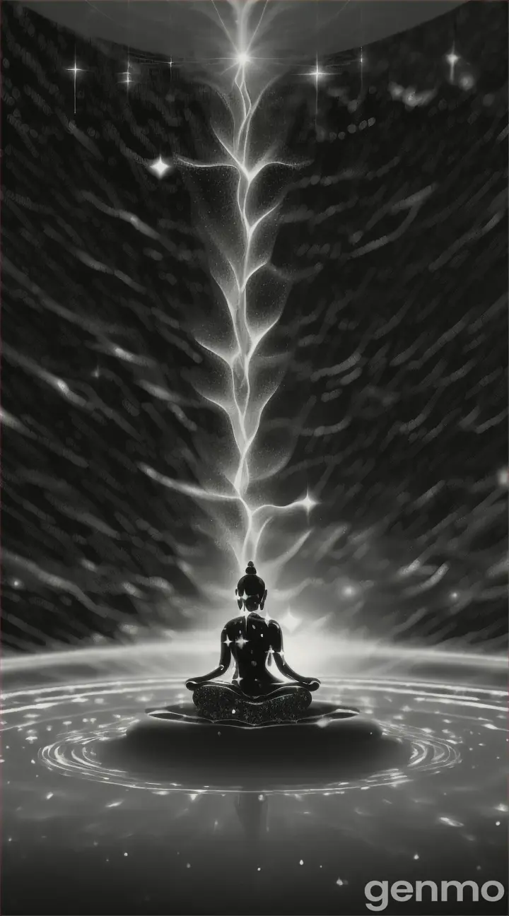 A meditating figure into a glittering galaxy, with the stars raining down around them in a surreal, sparkling shower Black and white composition black figure above flat earth  