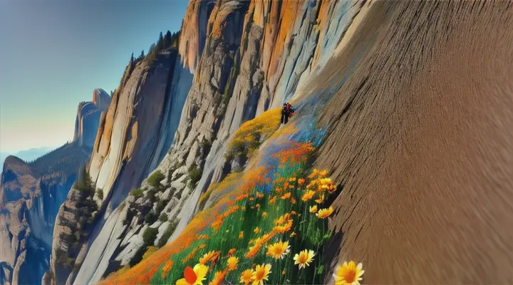 Low angle view of climbers ascending El Capitan, replace the rock wall with a vertical expanse of wildflowers, creating a surreal, colorful climbing experience