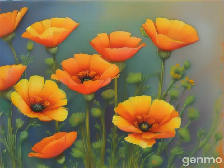 Bright orange California poppies drawn with colored pencils