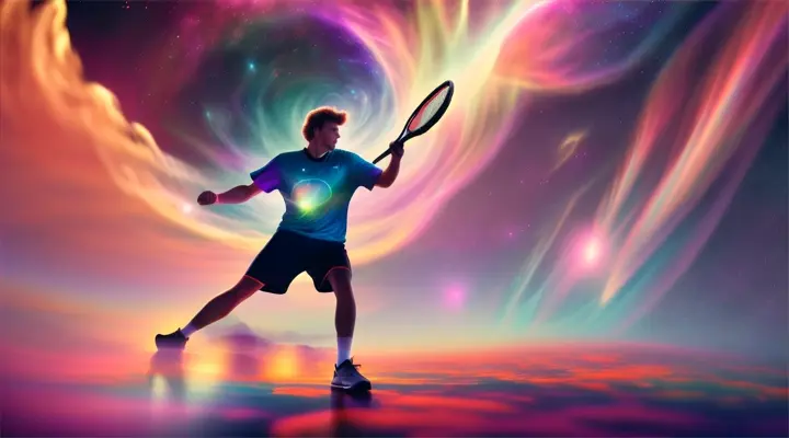 Pickleball player plays in ethereal dreamscape, surrounded by clouds and cosmic elements