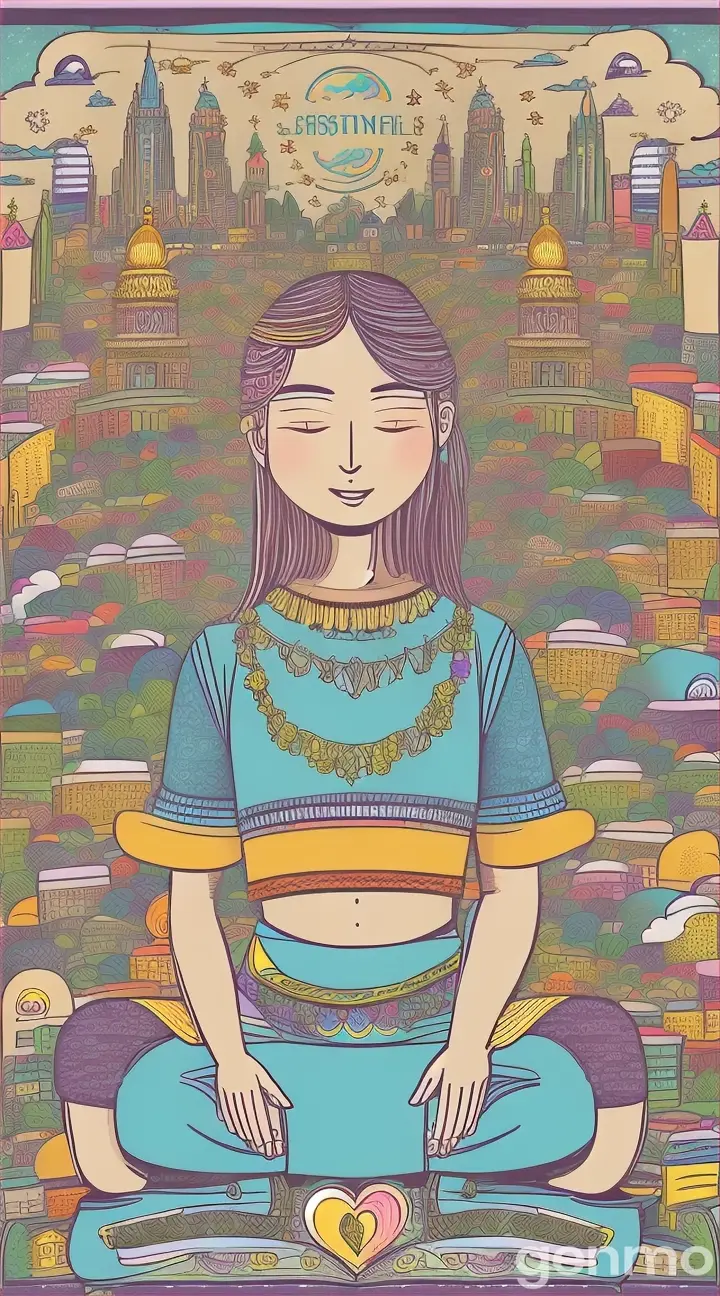 "An illustration of an individual absorbing the positive traits of various people around them, each person representing different virtues such as positivity, diligence, broad-mindedness, and wisdom. The background is a blend of different environments, symbolizing the combination of these qualities into a better self." 9:16
