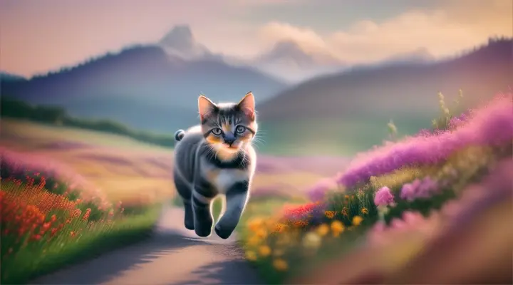 A kitten the size of a elephant runs through a field of vibrant wildflowers 