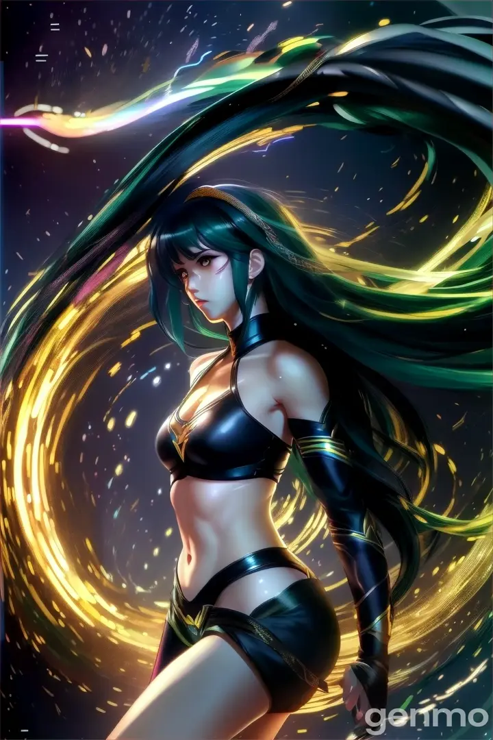 light, human body, flash photography, cartoon, art, cg artwork, poster, thigh, black hair, beauty