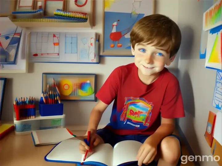 An 8-year-old boy named Timmy, with short brown hair and blue eyes, is wearing a red t-shirt with a small pencil logo on the chest and blue shorts. Next to him is a teacher. Prompt: An 8-year-old boy named Timmy, with short brown hair and blue eyes, wears a red t-shirt with a small pencil logo on the chest and blue shorts. He is sitting on the floor of his room, surrounded by colored pencils, drawing in a notebook with a happy expression on his face. The room has a wall with hanging drawings and a shelf with books and toys.