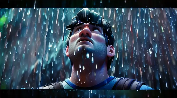 A stormy scene with heavy rain falling like miniature hammers, a person looking up at the sky, their face showing a sense of awe and resignation