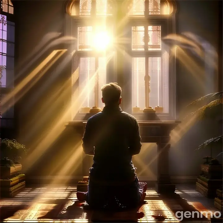 a person sitting in front of a window with the sun shining through