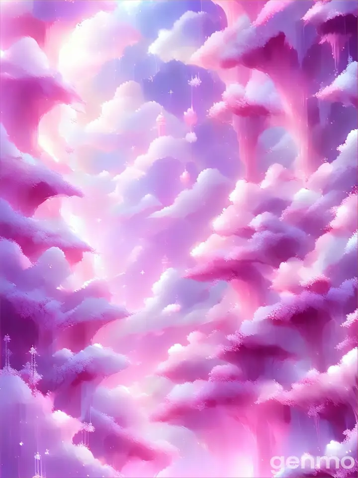 a painting of a pink sky with clouds and stars