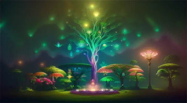 A magical garden with spiritual, enchanted nature, bioluminescent plants