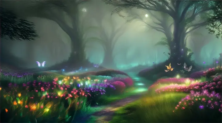 A magical garden with spiritual, enchanted nature, bioluminescent plants