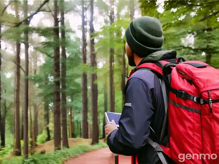 a man with a backpack walking through the woods