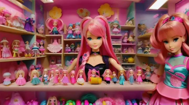 anime barbie with pink hair: story music:Barbie stands with her dolls, all arranged.