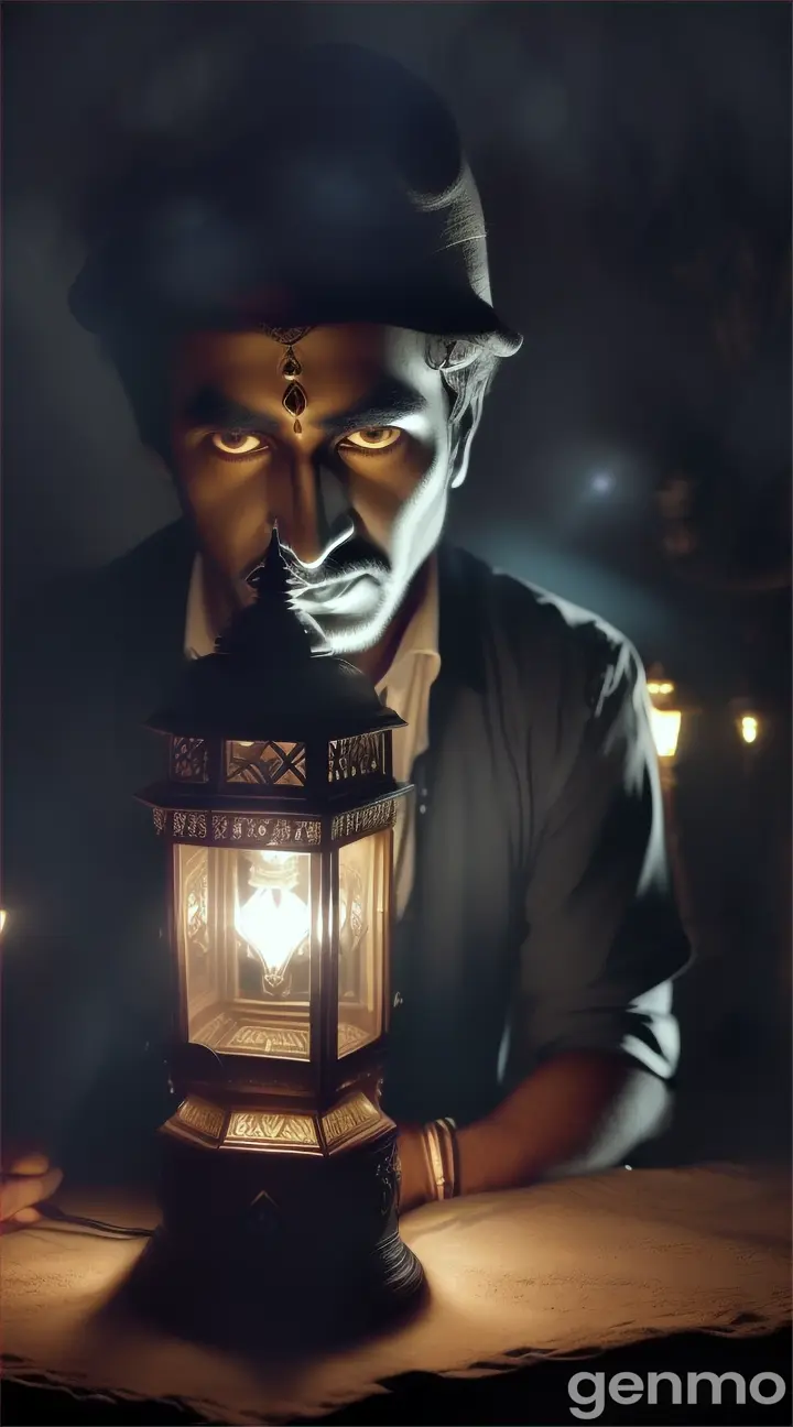 "A dark, moonless night with a shadowy figure of Mohan finding an old, mystical lamp on the deserted path."
