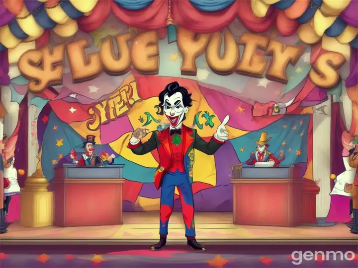 The greedy became generous, the selfish learned to be selfless, the jealous found joy in others' successes, and impatience was replaced by understanding." cartoon illustration circus joker