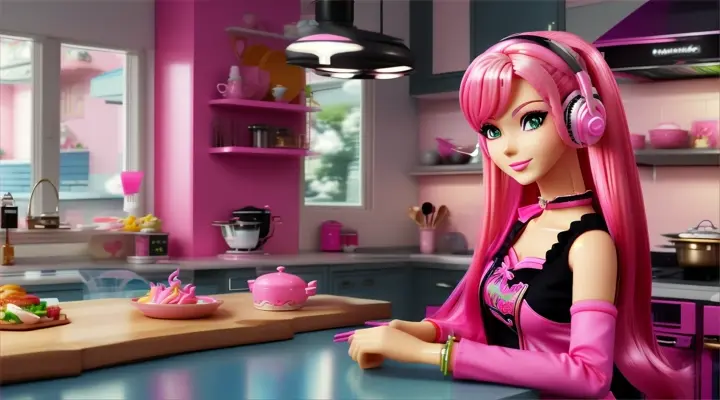 anime barbie with pink hair: story music:In the kitchen, Barbie meets Chef,