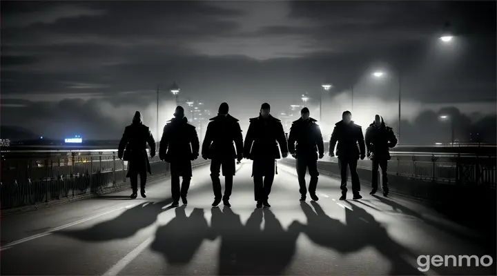 GENERATE TO ME A PICTURE OF BUNCH OF BAD PEOPLE WALKING TOWARDS CAMERA, THE SETTING IS DURING NIGHT TIME ON A BRIDGE