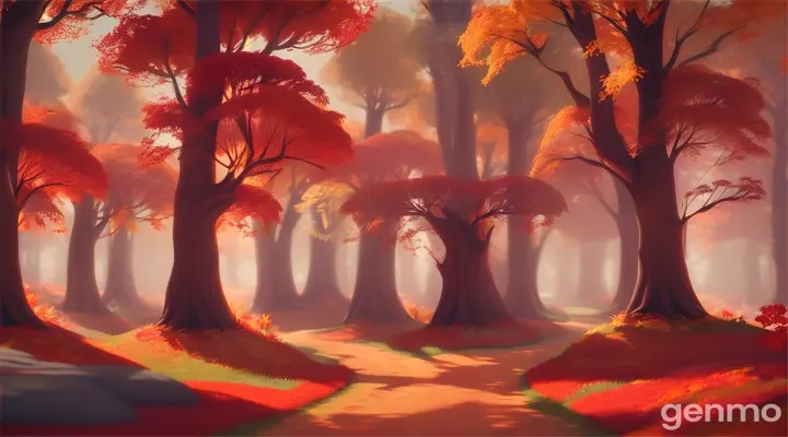 3D CARTOON STORY STYLE  16;9 A forest with trees in shades of red, orange, and yellow