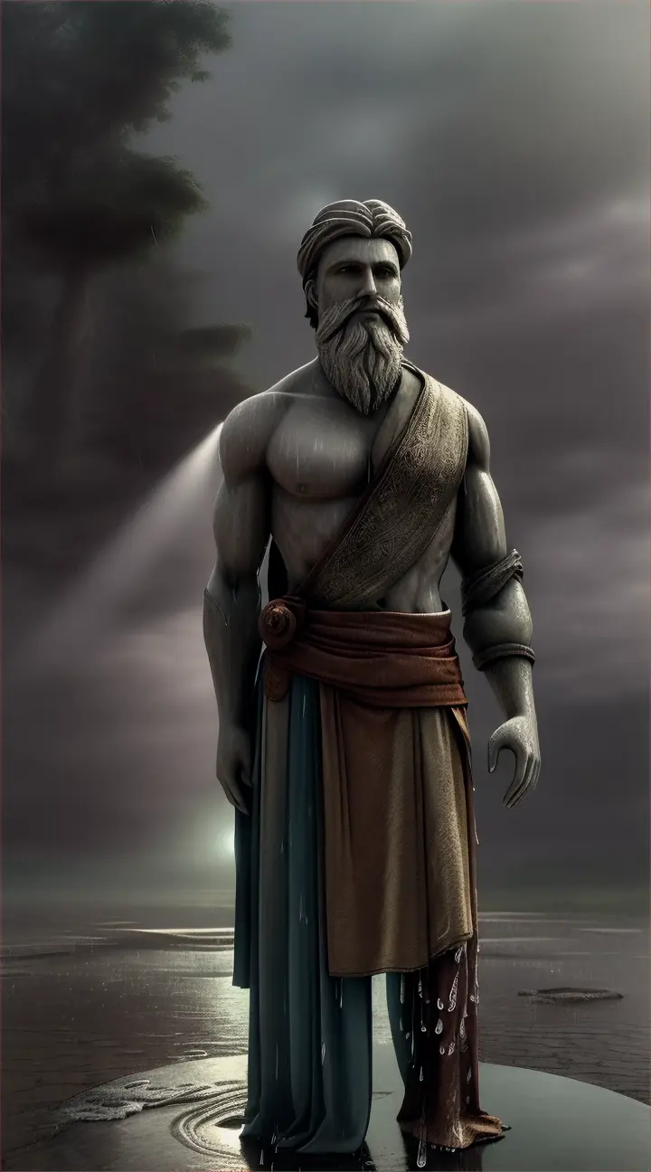 A well carved six pack philosopher amongst ancient ruins, his melancholic mood juxtaposed with the calming sound of rain on the deserted site and rain droplets artistically shining with the light of the moon. Cloth draped artfully over the shoulder.