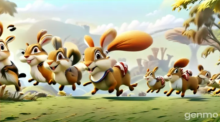 a group of animated animals running across a field