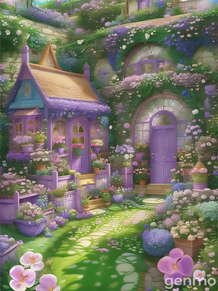 a painting of a purple house surrounded by flowers