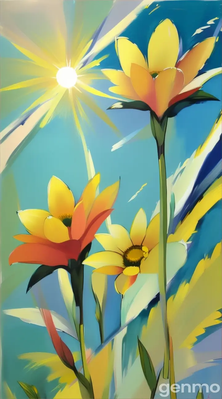 50. a painting of yellow flowers with the sun in the background