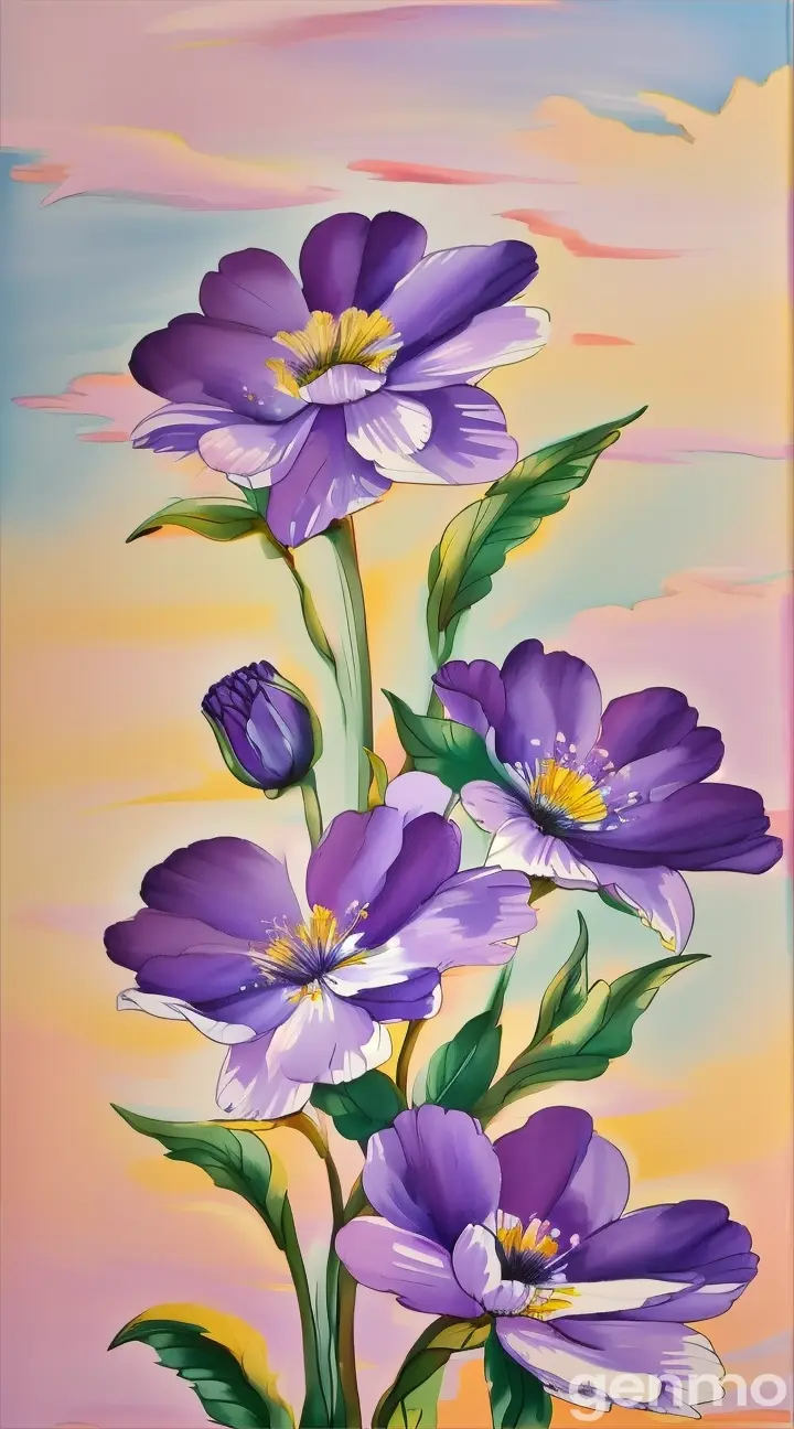 a painting of purple flowers with a blue sky in the background