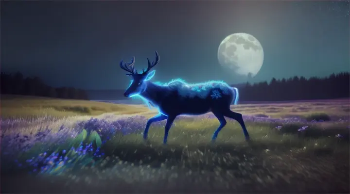 Blue bioluminescent magical deer cross a field carpeted with glowing wildflowers at night under a full moon.