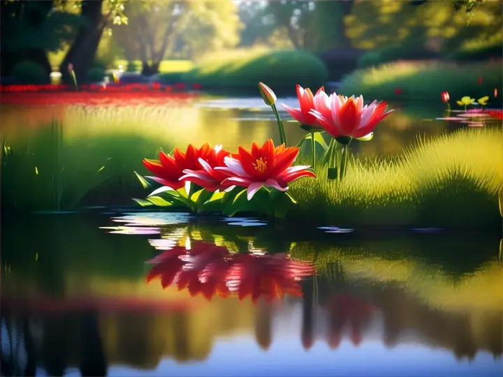 Red and white summer lilies hang over a reflecting pond in a summer garden 