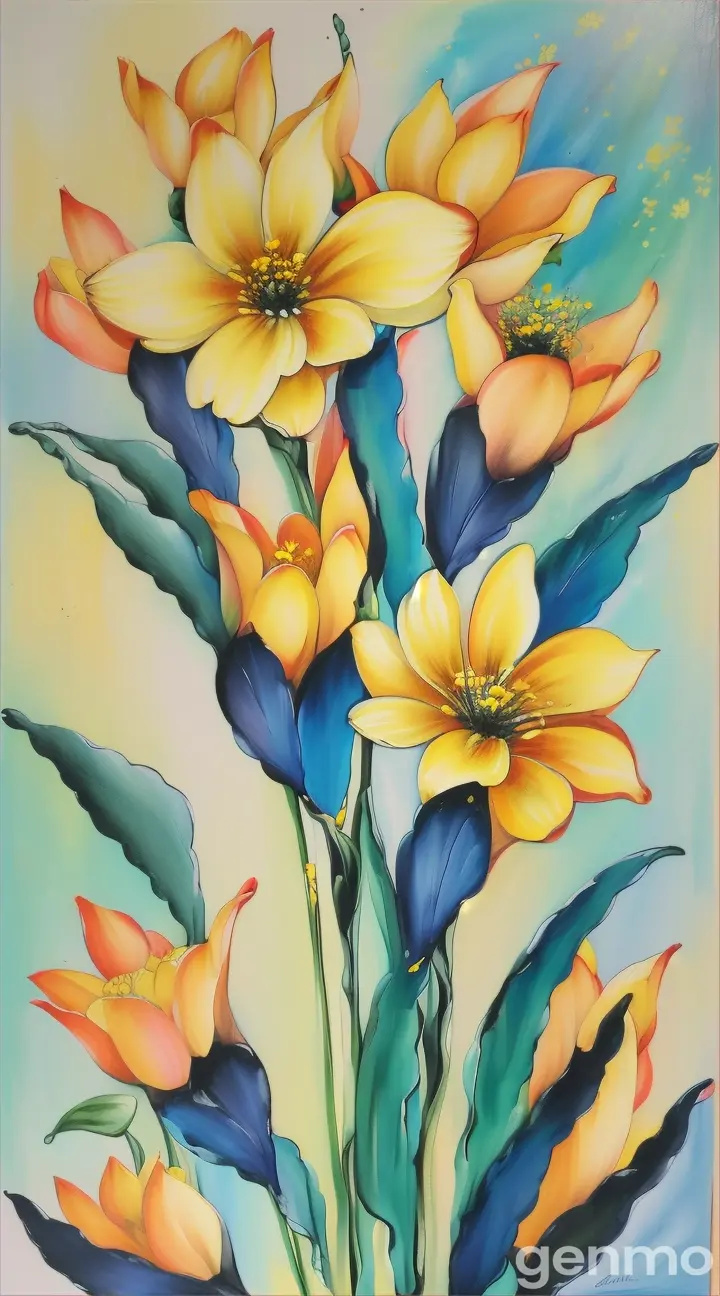 a painting of yellow flowers on a blue background