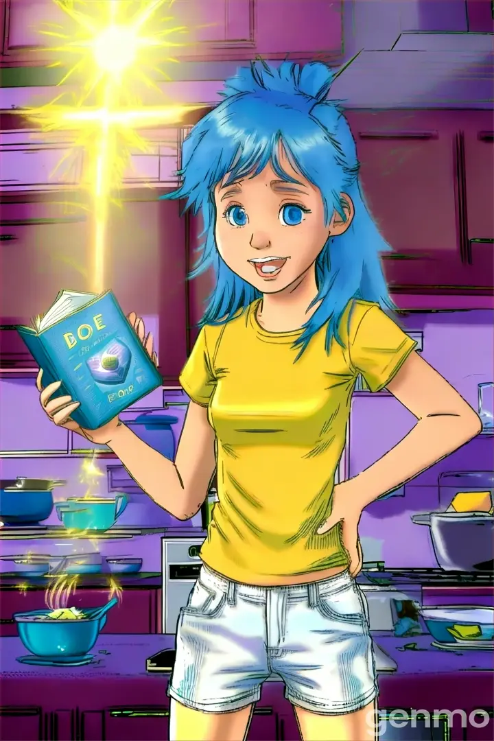 a girl with blue hair standing in a kitchen holding a book