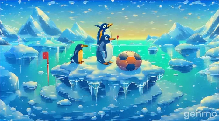 a penguin on an iceberg with a FOOTball