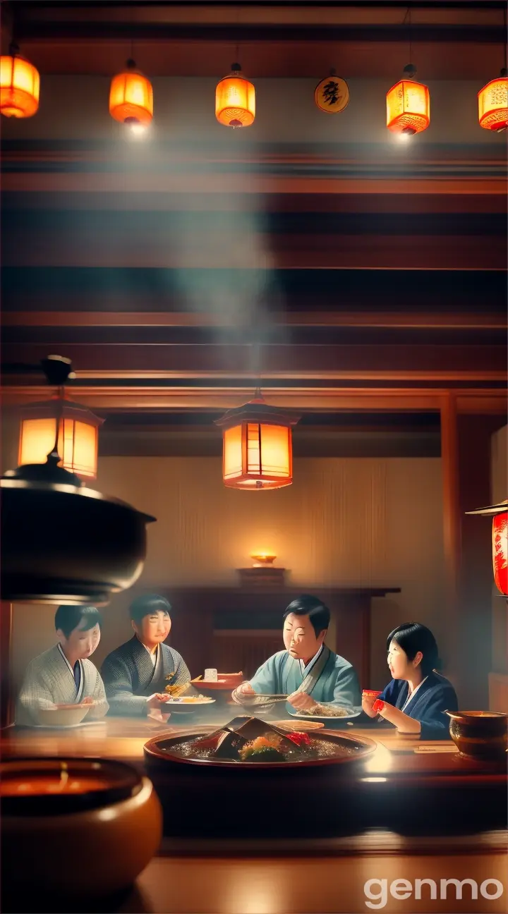 People sitting and eating sukiyaki