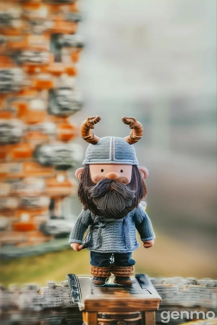 A small toy Viking with horns, sitting on the prow of a longship, waves crashing around him