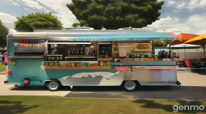 Por favor ensena un grupo de empleados, dentro de un Food truck de comidas rapidas, Con una cara amigable. Se detallado en el "Food Truck" en las instalaciones de adentro,  todo es en acero inoxidable. Las mujeres que atienden son Latinas, muy hermosas y serviciales. Destacate en el  super cool design de el food truck. Horizontal 16.9