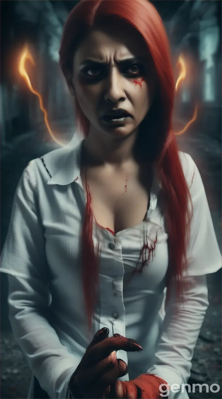 "The ghostly woman calling out 'Ajay... stop!' with a terrifying expression."