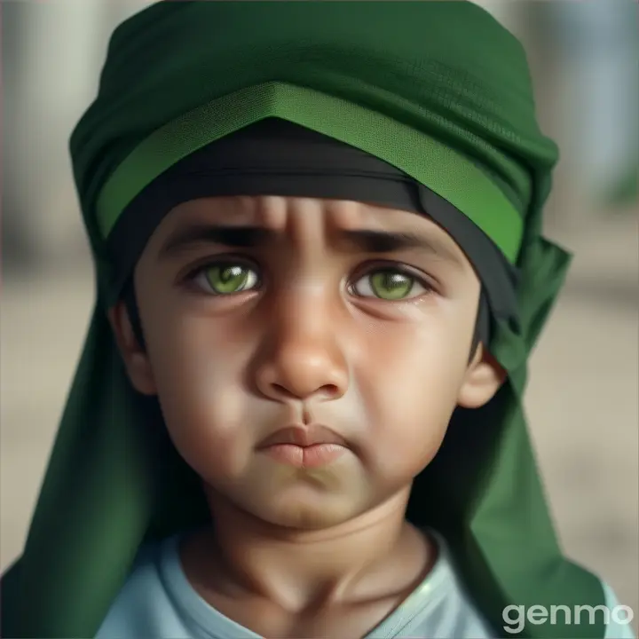 Make small little an Arabic boy with green bandage crying so hard