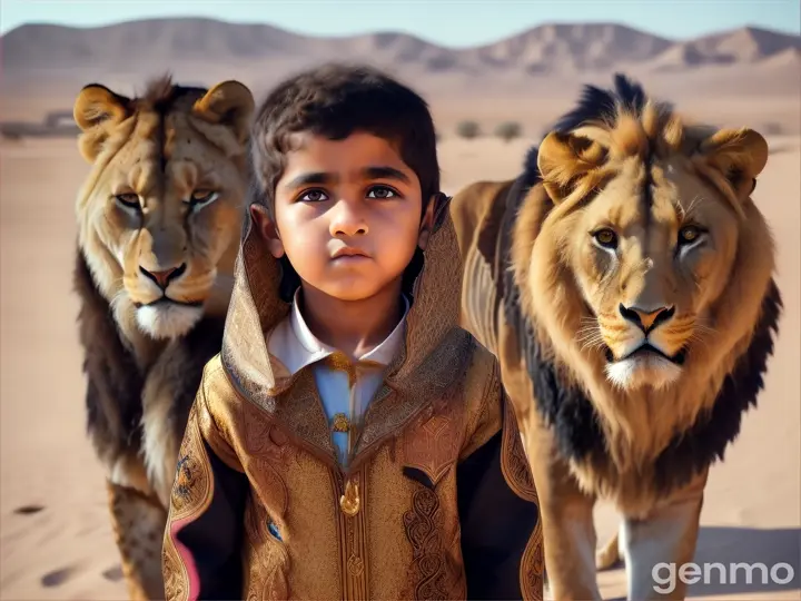 An Arabic kid with lion  standing bravely