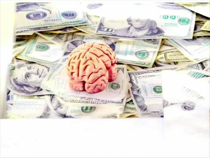 a pile of money with a brain on top of it