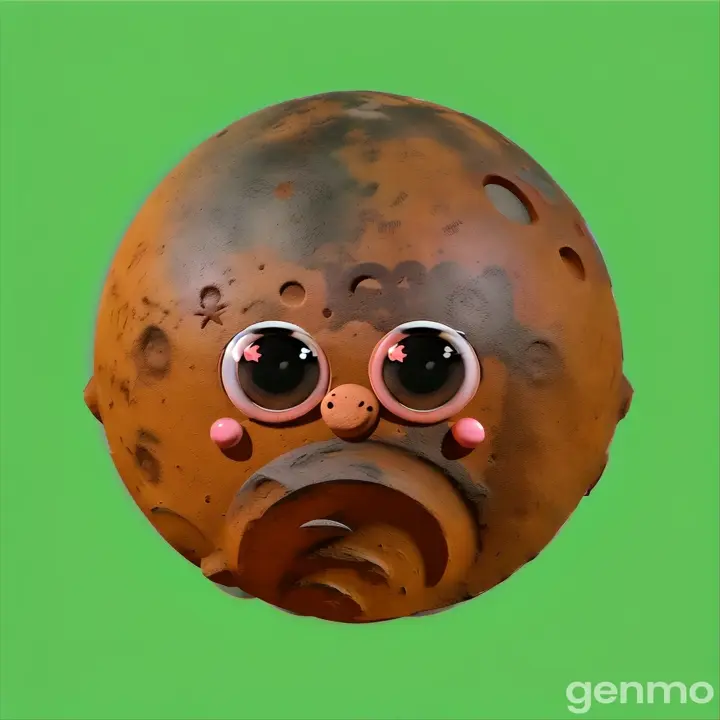 a close up of a brown mars planet with eyes and a nose