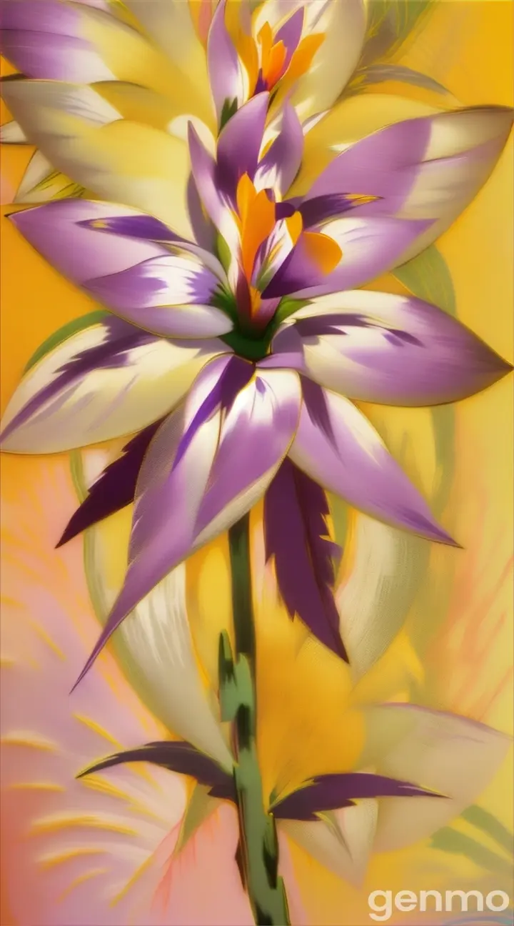 a painting of a purple flower on a yellow background