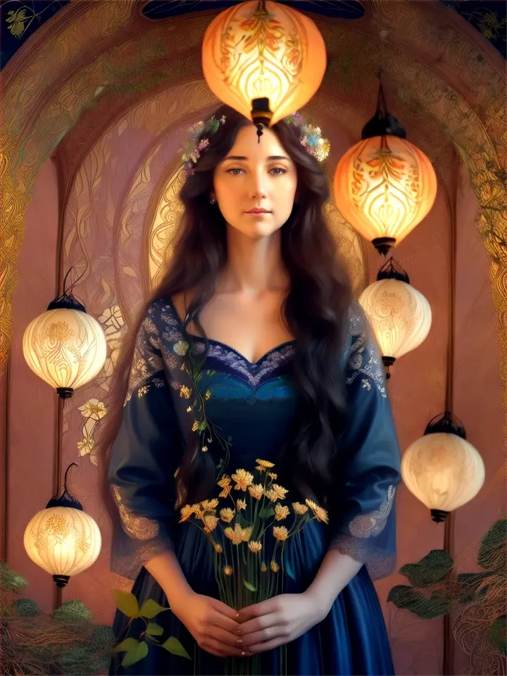 A woman from an art nouveau portrait sitting in a midnight garden, surrounded by blooming flowers and illuminated by paper lanterns