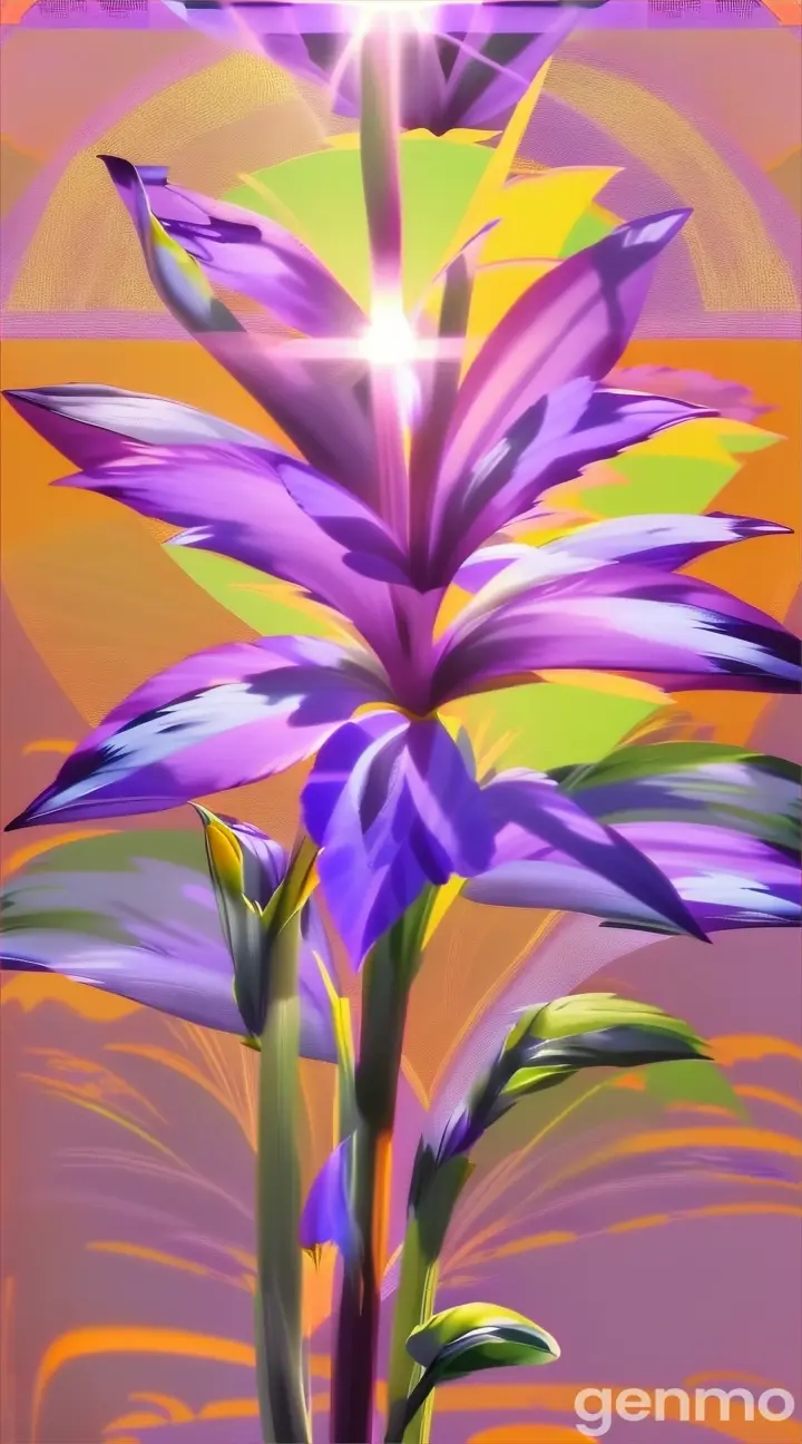 a painting of a purple flower with the sun in the background