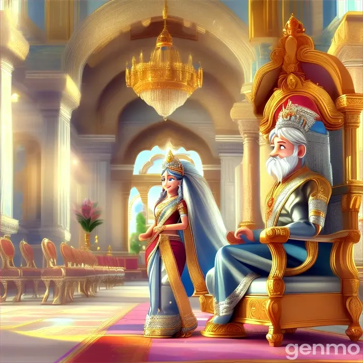  a beautiful woman  wearing long hair  silver saree  silver slipper standing in royal palace 3D animation cartoon zoom out 