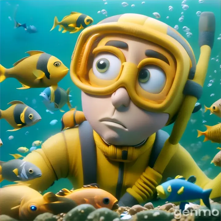 a man in a yellow diving suit surrounded by fish